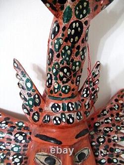 Rare Vtg Mexico 22 Carved Wood HP Wall Statue Winged Lobster Mermaid Folk Art
