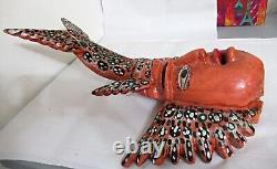 Rare Vtg Mexico 22 Carved Wood HP Wall Statue Winged Lobster Mermaid Folk Art