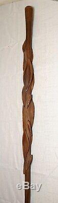 Rare antique hand carved wood Folk Art figural fish pedal walking stick cane
