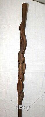 Rare antique hand carved wood Folk Art figural fish pedal walking stick cane