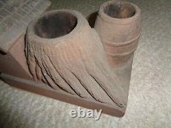 Rare hand carved brick folk art pipe matches holder Victorian house barrel tree