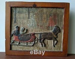 Relief Carved Plaque1943 Signed Antique Folk art AAFA Carving Visiting in Winter