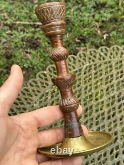 Remarkable Candle Holder Folk Art Carved Wood