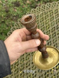 Remarkable Candle Holder Folk Art Carved Wood