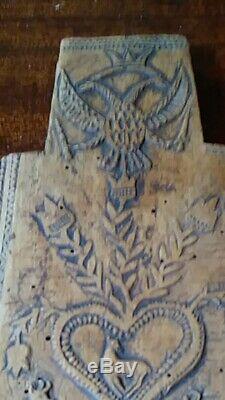 Russian Antique Folk Art Carved Wood Plaque or Mold W Eagles Deers Hearts