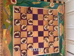 STICKS Urban Game Table and stools folk art chess, checkers, backgammon