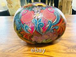 STUNNING Detailed Folk Art Carved Gourd Hand Painted Artist Signed S. Mock'o4 STUNNING Detailed Folk Art Carved Gourd Hand Painted Artist Signed S. Mock'o4