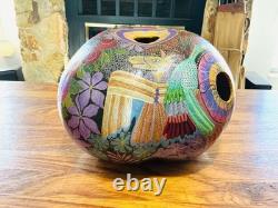 STUNNING Detailed Folk Art Carved Gourd Hand Painted Artist Signed S. Mock'o4