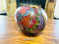 STUNNING Detailed Folk Art Carved Gourd Hand Painted Artist Signed S. Mock'o4