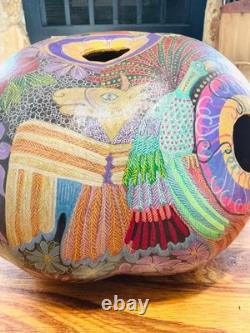 STUNNING Detailed Folk Art Carved Gourd Hand Painted Artist Signed S. Mock'o4