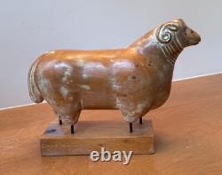 Sarreid LTD Italy Carved Wood Brass Ram Sheep Animal Sculpture Folk Art Vtg Mcm