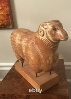 Sarreid LTD Italy Carved Wood Brass Ram Sheep Animal Sculpture Folk Art Vtg Mcm