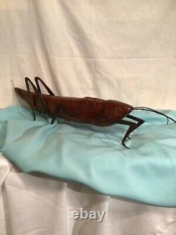 Sarried Sculpture Vtg Mid Century Modern Carved Wood Brass Folk Art Grasshopper