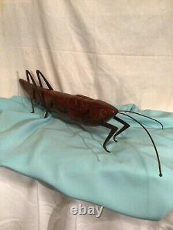 Sarried Sculpture Vtg Mid Century Modern Carved Wood Brass Folk Art Grasshopper