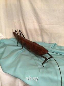 Sarried Sculpture Vtg Mid Century Modern Carved Wood Brass Folk Art Grasshopper