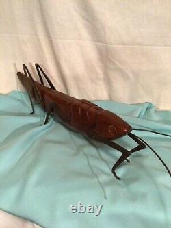 Sarried Sculpture Vtg Mid Century Modern Carved Wood Brass Folk Art Grasshopper