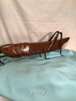 Sarried Sculpture Vtg Mid Century Modern Carved Wood Brass Folk Art Grasshopper