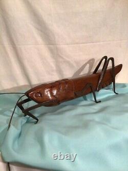 Sarried Sculpture Vtg Mid Century Modern Carved Wood Brass Folk Art Grasshopper