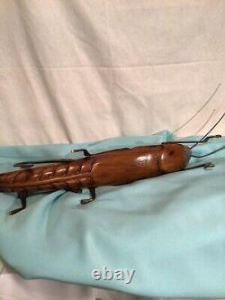 Sarried Sculpture Vtg Mid Century Modern Carved Wood Brass Folk Art Grasshopper