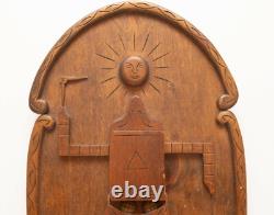 See Update! Vintage American Folk Art Freemason Masonic Relief Wood Sculpture