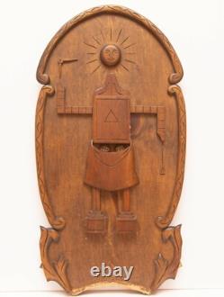 See Update! Vintage American Folk Art Freemason Masonic Relief Wood Sculpture