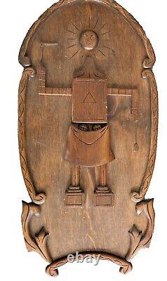 See Update! Vintage American Folk Art Freemason Masonic Relief Wood Sculpture