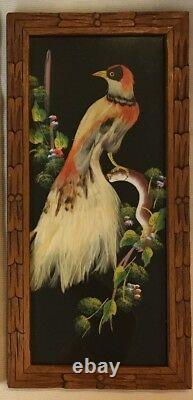 Set Of 3 Mexican Feathercraft Exotic Real Feathers Hand Carved Frames