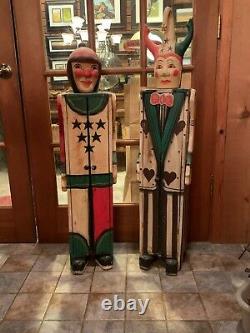 Set of 2 Vintage Hand Carved Wood Jester Folk Art Statues (cabinet) Circus Clown