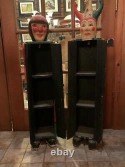 Set of 2 Vintage Hand Carved Wood Jester Folk Art Statues (cabinet) Circus Clown