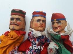 Set of 3 antique hand carved wooden punch folk art hand puppets