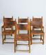 Set Of Six Hungarian Folk Art Rustic Carved Oak And Leather Dining Chairs