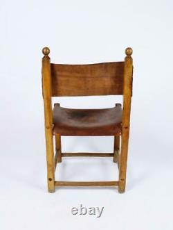 Set of Six Hungarian Folk art Rustic Carved Oak and Leather Dining Chairs