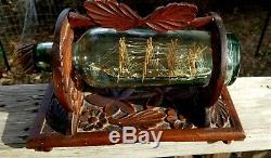 Signed 1901 Ship In Bottle Folk Art Whimsy Museum Quality Hand-carved stand USA