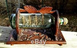 Signed 1901 Ship In Bottle Folk Art Whimsy Museum Quality Hand-carved stand USA
