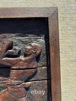 Signed And Dated 1900 American Folk Art Relief Carved Boxing Scene Sculpture