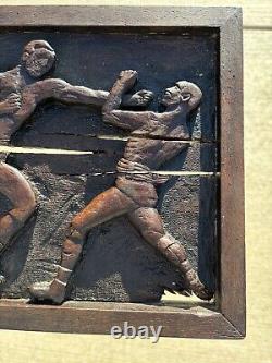 Signed And Dated 1900 American Folk Art Relief Carved Boxing Scene Sculpture