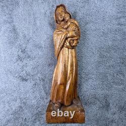 Signed Hand Carved Wood Madonna & Child 14 Folk Art Sculpture Mary & Baby Jesus