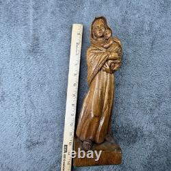 Signed Hand Carved Wood Madonna & Child 14 Folk Art Sculpture Mary & Baby Jesus