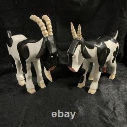 Signed Lonnie & Twyla Money Folk Art Carved Wooden Billy Goats Pair
