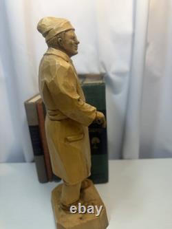 Signed Roger Bourgault Hand Carved Wood Figurine Folk Art Sculpture Vintage