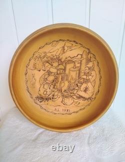 Signed Troll 1981 Norwegian WoodBowl Hand Carved Folk Art Pyrography Wall Plate