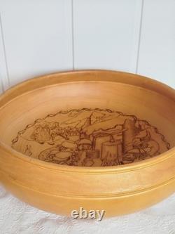 Signed Troll 1981 Norwegian WoodBowl Hand Carved Folk Art Pyrography Wall Plate