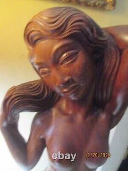 Signed hand carved wood nude lady woman Folk Art figural sculpture statue art