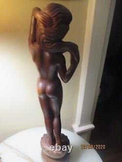 Signed hand carved wood nude lady woman Folk Art figural sculpture statue art