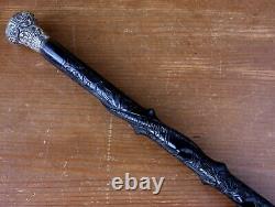 Silver Topped Bog Oak Walking Stick. Folk Art Hand Carved Snake Cane 1888
