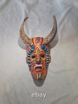 South American Folk Art Devil Mask Horns Hand Carved Wood Wall Hanging Vintage