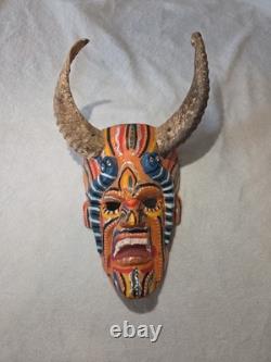 South American Folk Art Devil Mask Horns Hand Carved Wood Wall Hanging Vintage