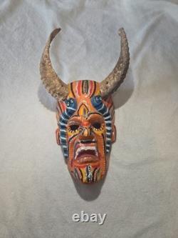South American Folk Art Devil Mask Horns Hand Carved Wood Wall Hanging Vintage