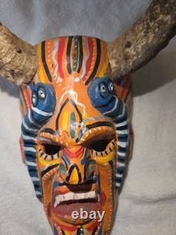 South American Folk Art Devil Mask Horns Hand Carved Wood Wall Hanging Vintage