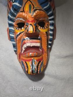 South American Folk Art Devil Mask Horns Hand Carved Wood Wall Hanging Vintage